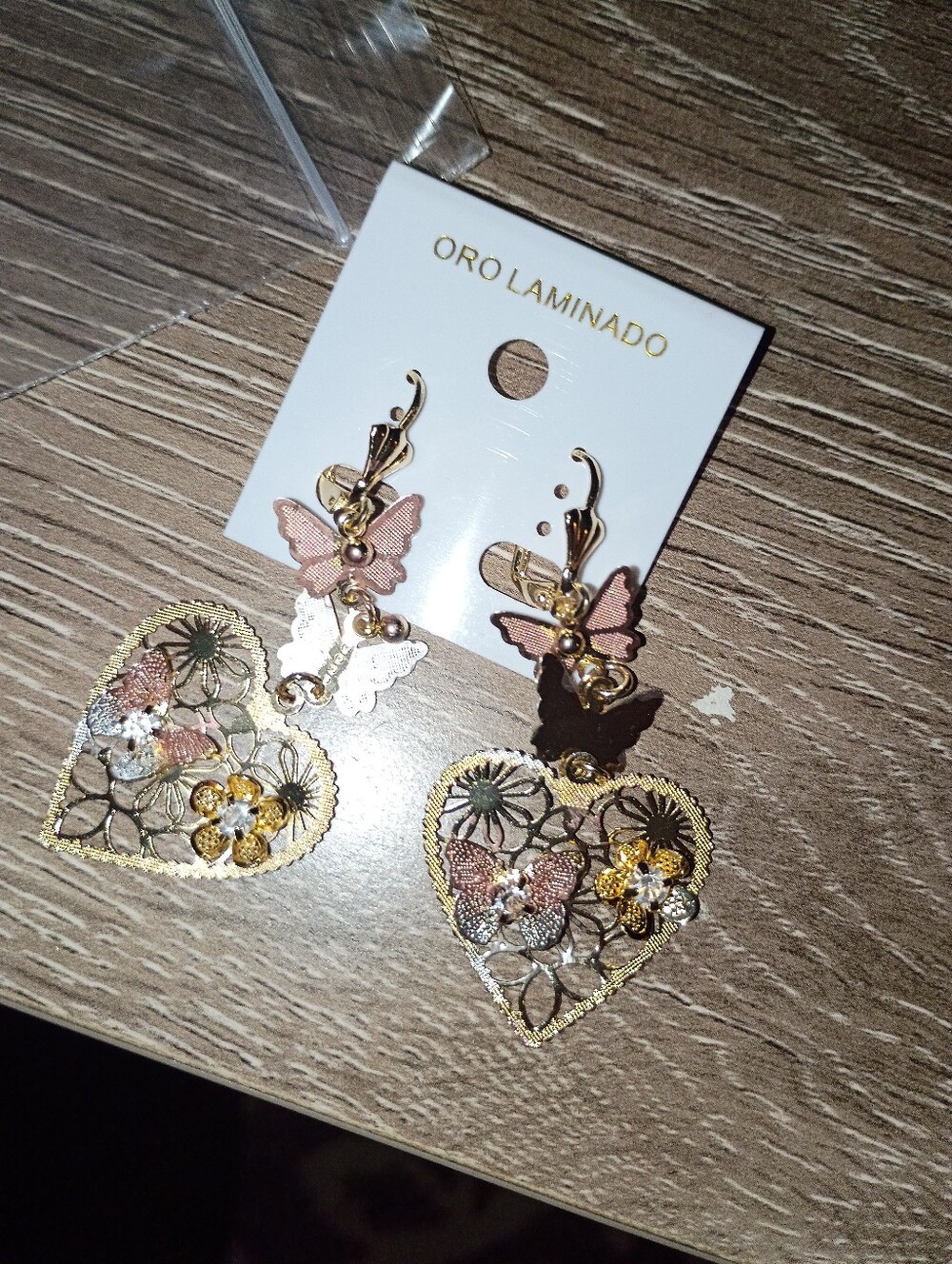 NEW Pink and Gold Heart Butterfly Drop Earrings